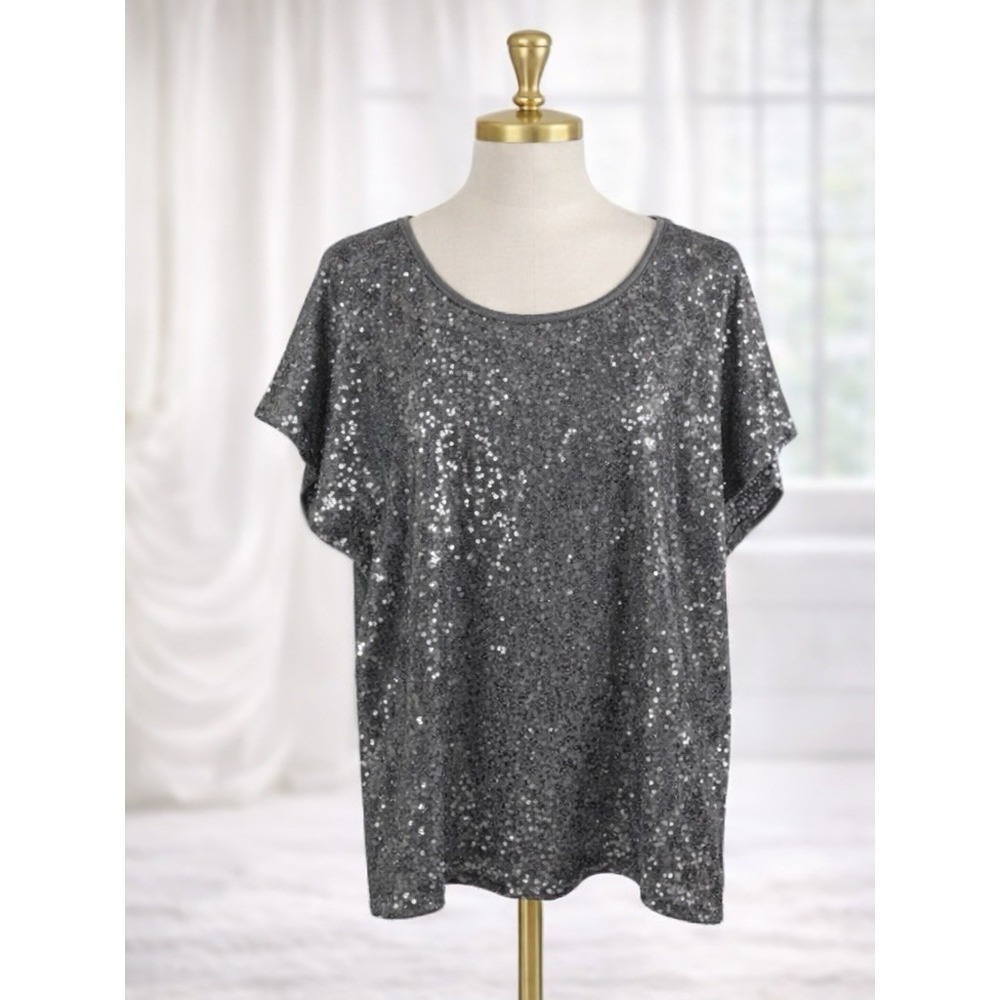 Chico's‎ Gray With Silver Sequin Knit Tee Top T Shirt Casual Party Size 2 Large